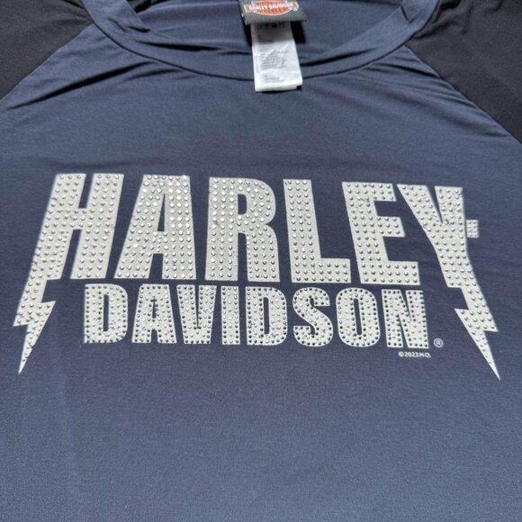 Harley-Davidson Rhinestone Bling Lightning Raglan Long Sleeve Biker Shirt Large - Picture 2 of 8
